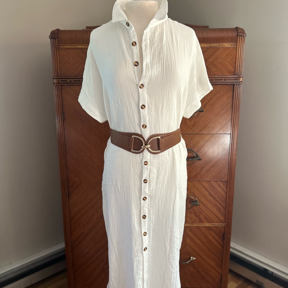 Dokotoo White Linen Button-Front Shirt Dress